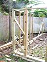 Foundation beam in place and framing just started.  All wood is pressure treated.
The outside dimensions are 16 feet x 7 feet.  The walls are 74 inches high above the foundation beam. Pavers are under the foundation beam to keep it above ground.  The pavers have not been leveled yet.
