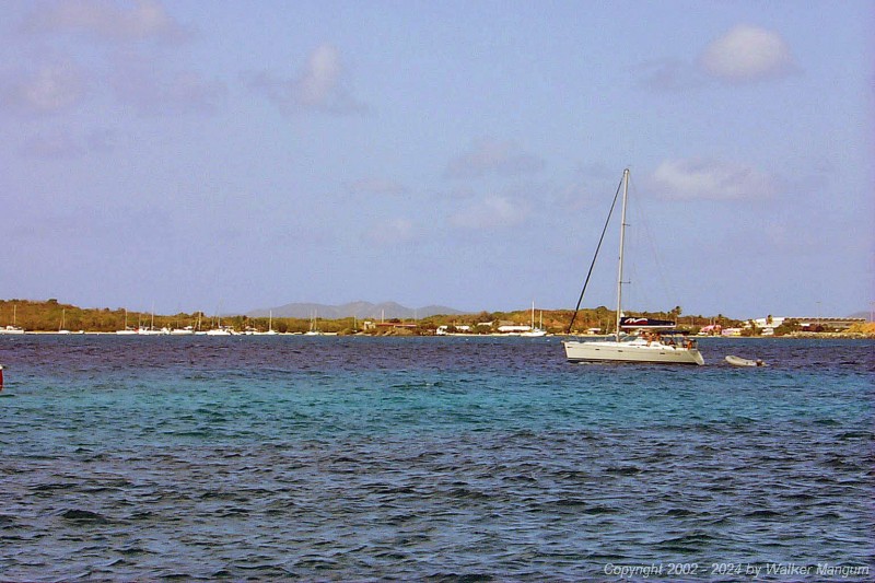 Trellis Bay and Bellamy Cay, as viewed from our mooring at Marina Cay. You can see the new airport terminal building at the far right.