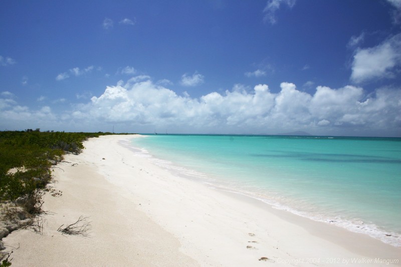 Panorama from beach at West End, Anegada. View looking southeast toward Pomato Point. Virgin Gorda visible on horizon.