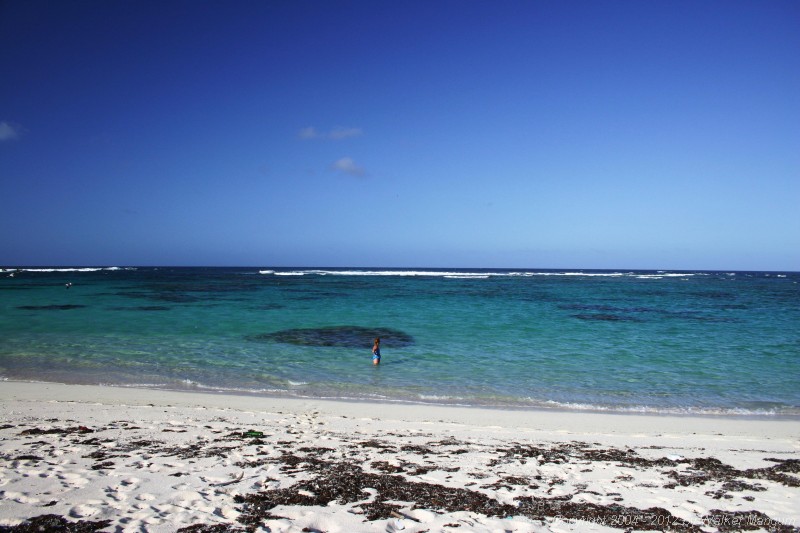 Panorama of our secret beach, Anegada. Nancy enjoying the water.